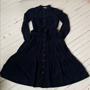 Boden Corduroy Long Sleeve Button Front Tiered Holiday Dress in Navy